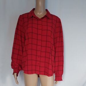 Como Black Red Plaid Women's Blouse  Top‎ Size L